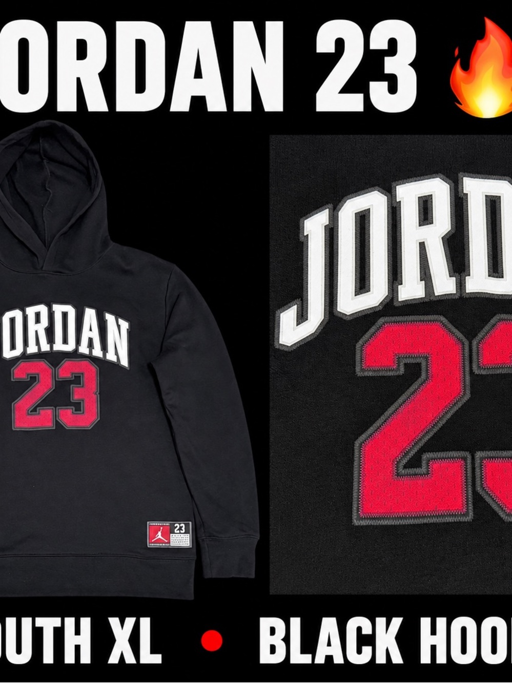 Jordan Black Hoodie with White Logo and Red 23